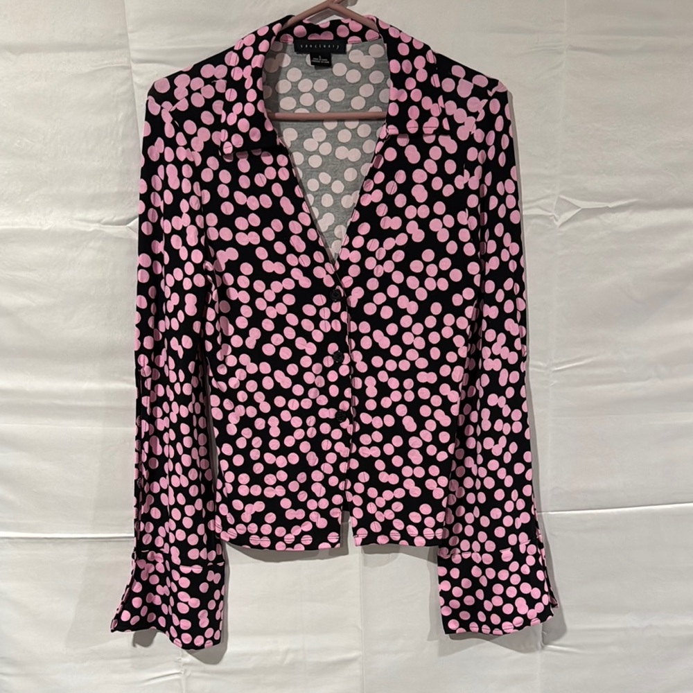 Women’s Sanctuary Pink and Black Fitted Bell Sleeve Button Down Shirt